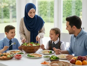 کودکان در حال صرف صبحانه سالم با والدین پیش از امتحان