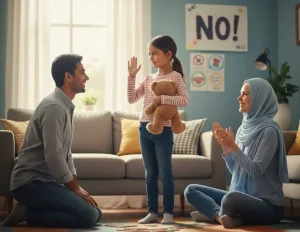 پدر و مادر در حال آموزش مهارت نه گفتن به کودک