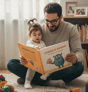 پدر در حال خواندن کتاب برای اموزش مهارت نه گفتن به کودک