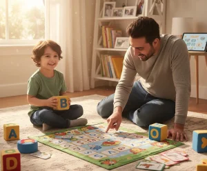 پدر در حال آموزش املا با بازی به کودک
