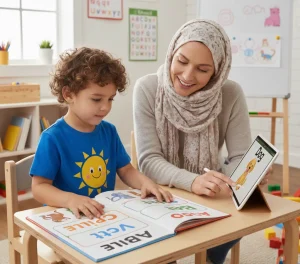 کودک در حال آموزش زبان انگلیسی